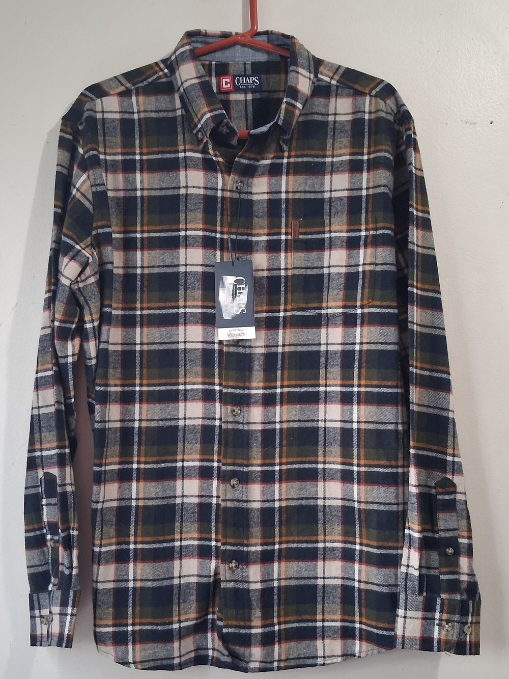 Chaps Men's Large Plaid Button-Down Newport Navy Shirt Dadcore Lumberjack- NEW